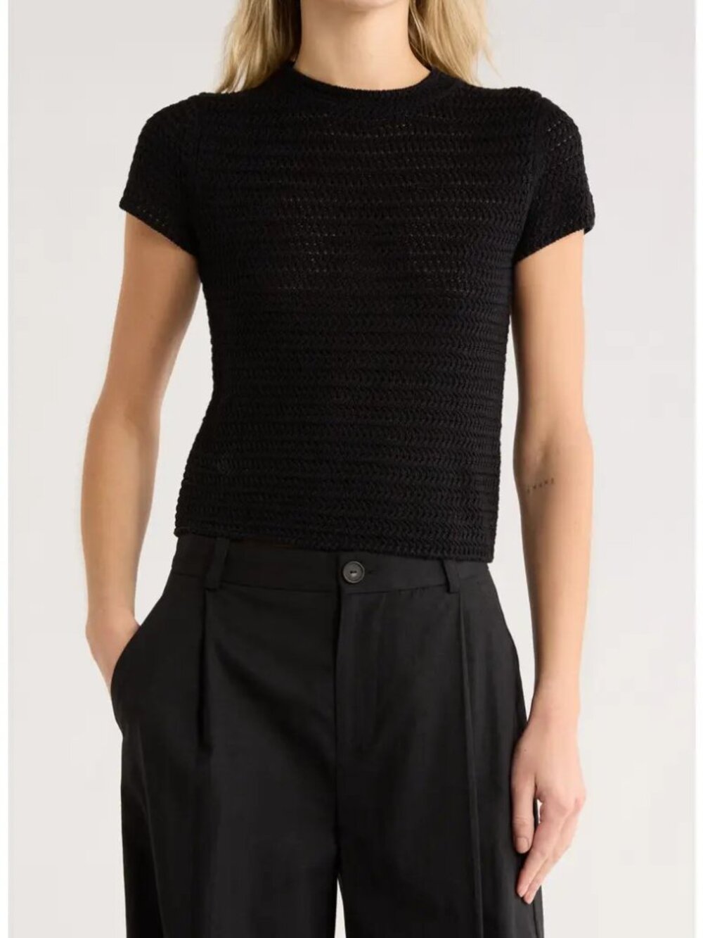 Vince Black Cotton Crochet Knit Short Sleeve Top Size: L